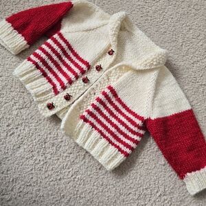 OOAK Handmade Knit Cardigan Girls Size 5/6 Ladybug Buttons